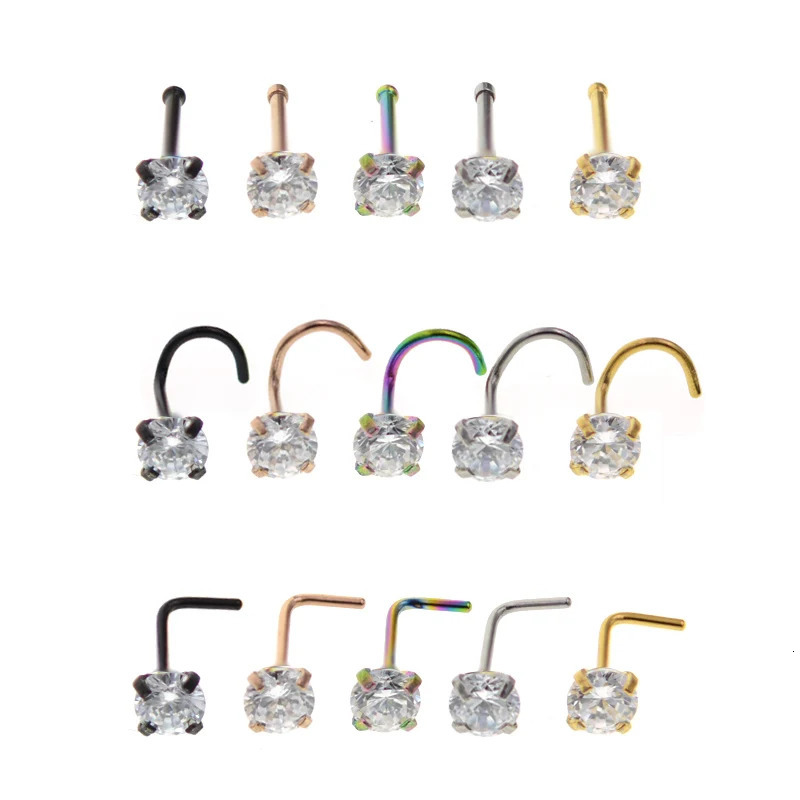 1Pc 1.5 2mm 2.5mm 20G Zircon Nose Stud Steptum Nose Studs Hooks Bar Pin Nose Rings Body Piercing Stainless Steel Jewellery 250605