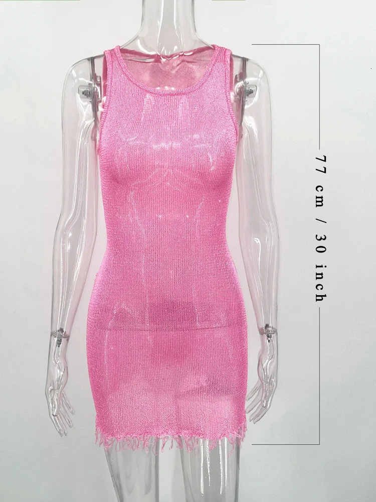 Trendix Sexy Mini See Through Dress For Womens Vintage Tassel Sleeveless Hollow Out Short Dresses Women Party Slim Dress 250605