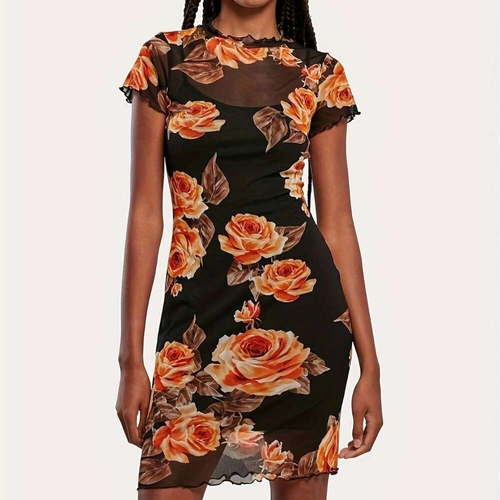 New Mesh Solid Color Two-Piece Short Sleeve Dress B5