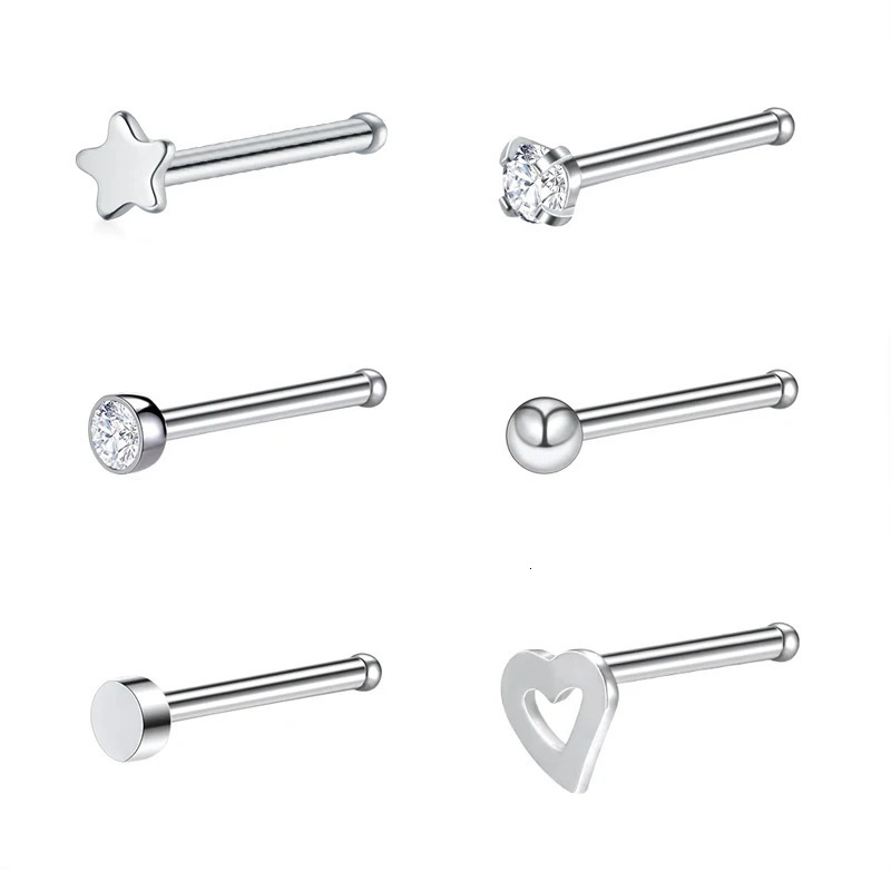 6Pcs/set 20G Fashion Nose Septum Piercing Studs Set Stainless Steel Nose Septum Studs Body Piering Jewelry For Nose Piercing 250605