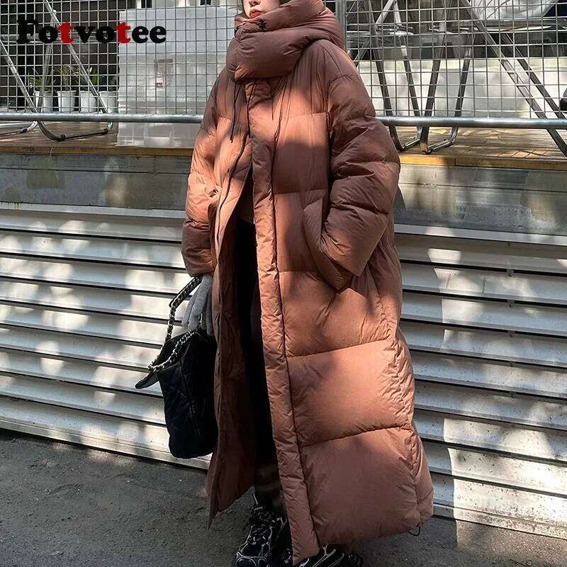 FOTVOTEE Chic Oversized Cotton Parkas Women Solid Thicken Warm Single Breasted Long Coat 2024 Winter New Fashion Lady Streetwear