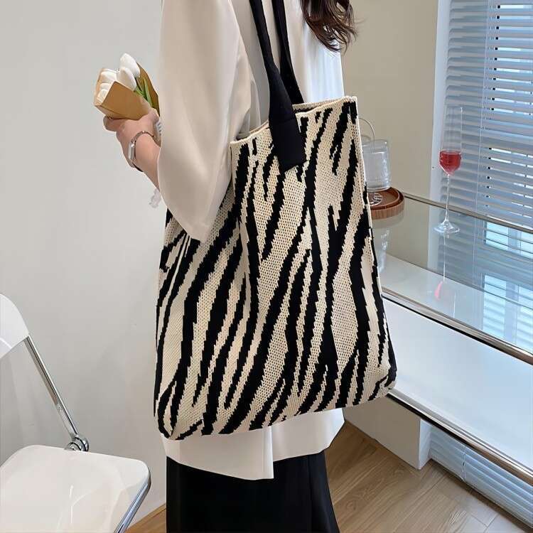 Zebra Pattern Knitted For Women Spring Summer New Large Capacity Shoulder Fashion Korean Style Niche Handbag Underarm Bag B5
