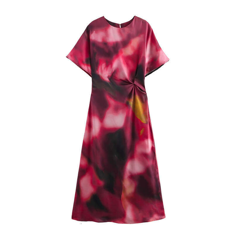 Women's Spring New Elegant Style Silk Satin Texture Waist-Cinching Printed Midi Dress B5