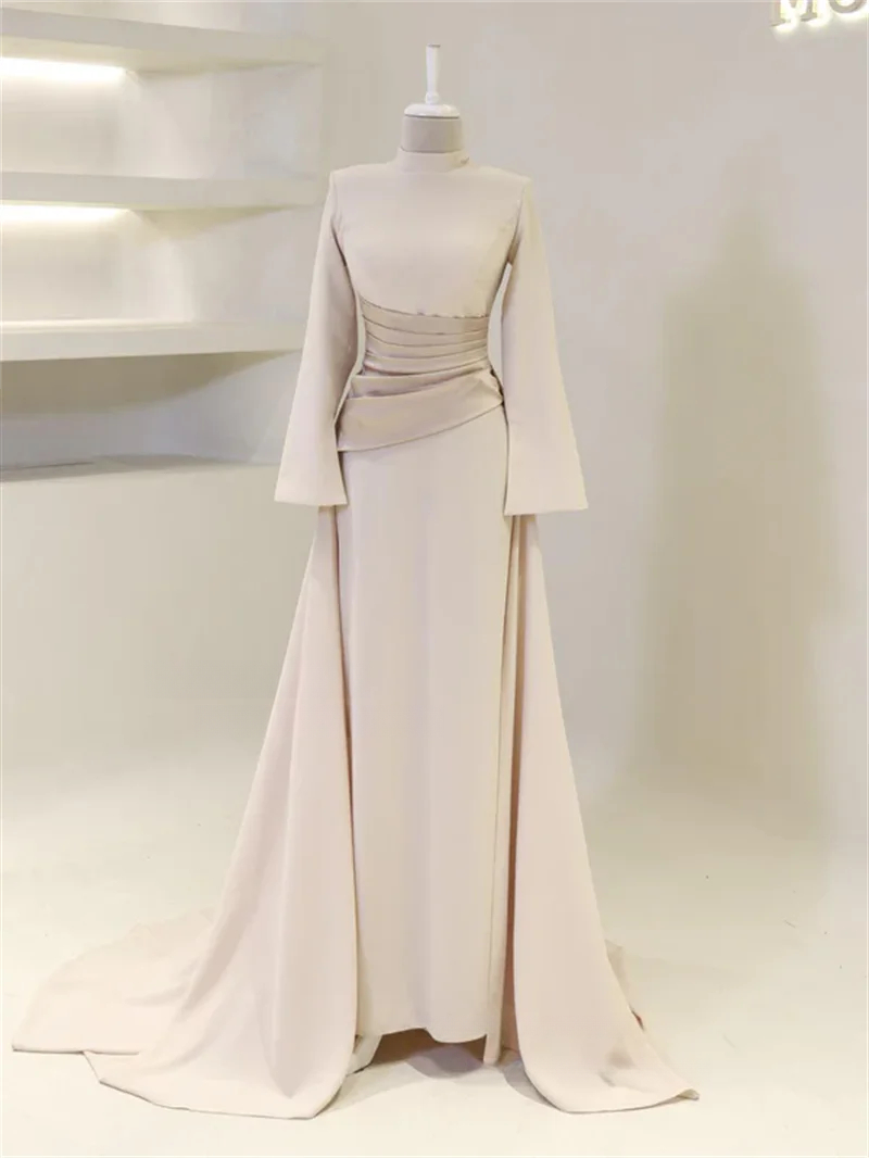 Modest Crepe Long Evening Dresses Muslim High Collar Satin Pleats Sheath Prom Dresses Full Sleeves Formal Prom Gowns Customized