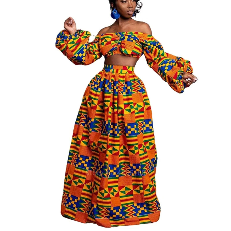 African Dresses for Women Autumn 2-piece Set Lady Full Sleeve Shoulder Off Festher Dashiki Print Split Skirts Africna Clothes 250605