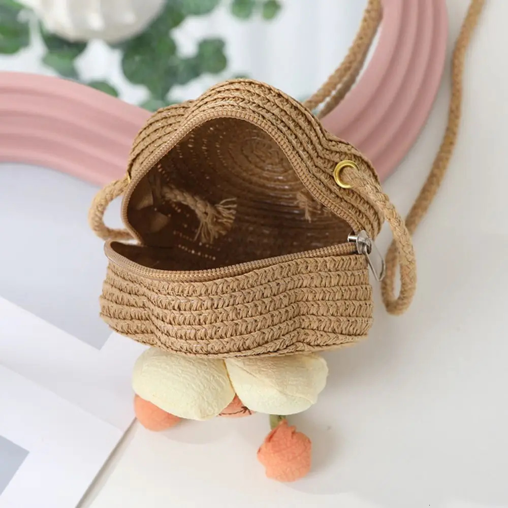 Childrens Straw Small Shoulder Bag Woven Cute Flower Baby Girls Purse Handbag Mini Round Hand Made Beach Crossbody Bag 250605