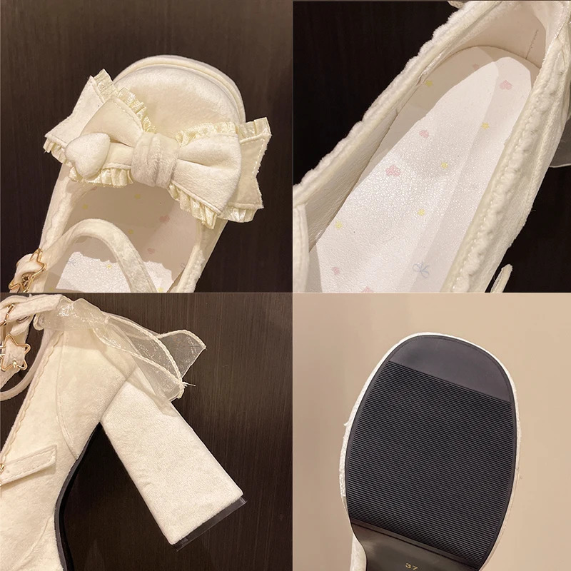 Women Mary Jane High Heeled Shoes Bow Square-toe Sandals Woman Summer Chunky Pumps Women Shoes Buckle Lolita Zapatos 250605