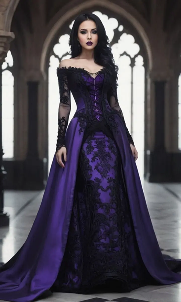 Victorian Prom Dresses Purple And Black Gothic Lace Appliques Off Shoulder Long Sleeves evening gown Vestido customsized