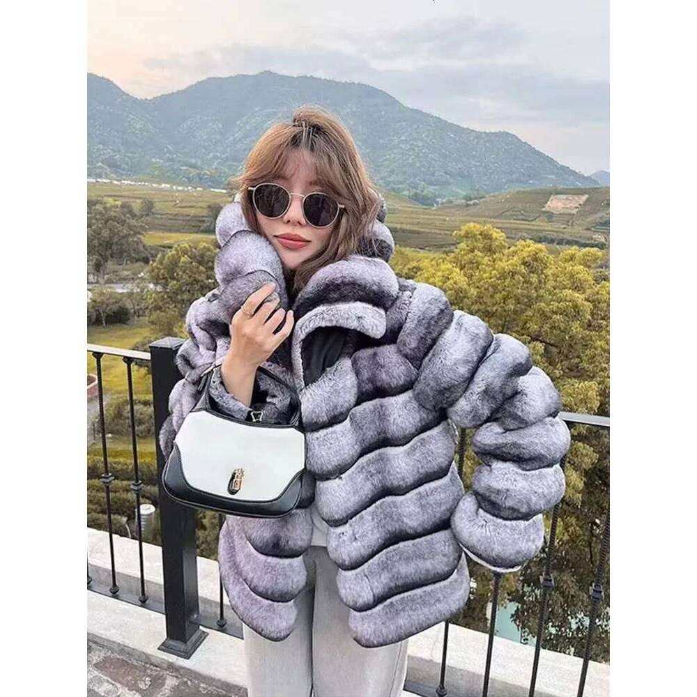 ZADORIN Winter Jackets for Women Chinchilla Color Fluffy Warm Rabbit Coat Turn Down Collar Short Faux Fur Jacket