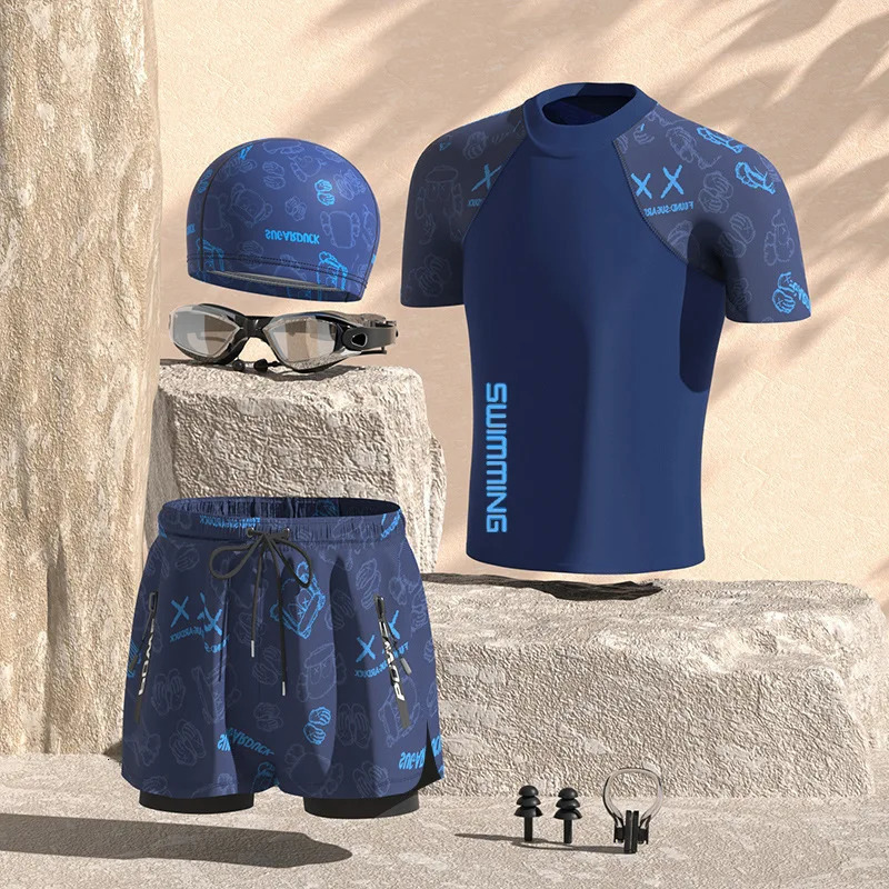 Men Professional Water Sports Competitive Swim ShirtsTrunks Glasses Cap Quick-Drying Beach Surfing Bathing Shorts Goggles Hat 250530