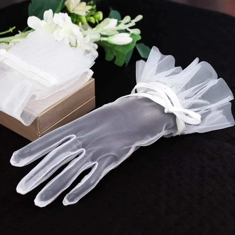 Elegant Wedding Bridal Short White Gloves Breathable Tulle Ribbon Bow Brides Bridesmaid Women Pageant Prom Handschuh 250603
