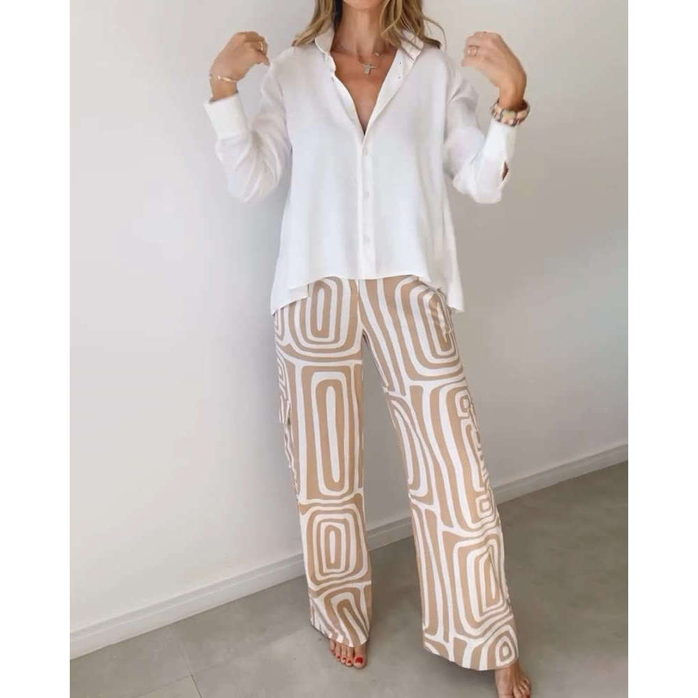 Casual Outfit Women's Digital Print Commuter Shirt Loose Fit Long Pants Two-Piece Set B5