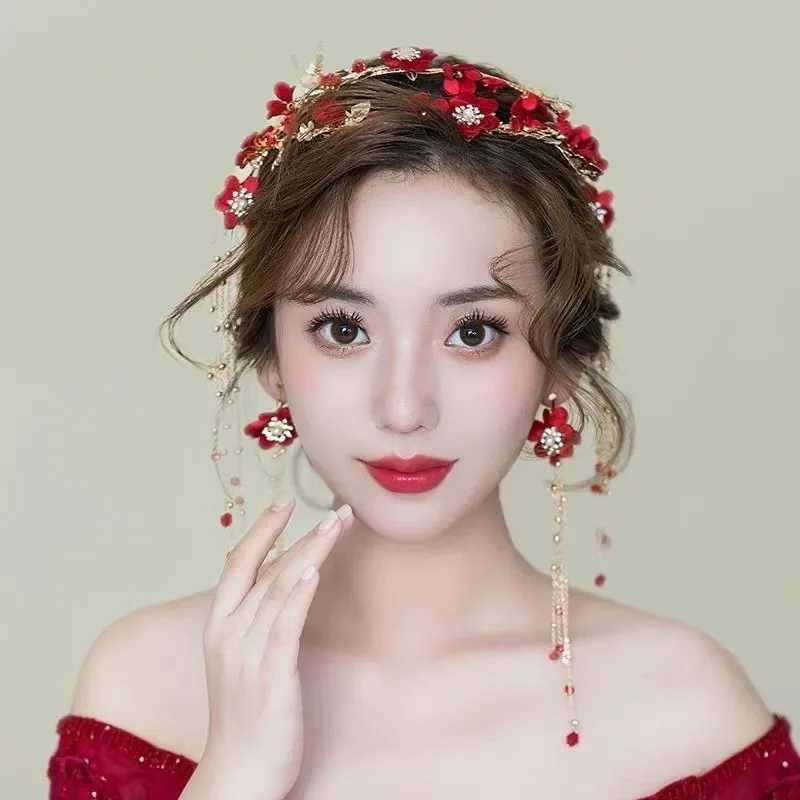 Chinese Women Red Flower Bridal Headpieces Wedding Headbands With Long Tassel Accessories For Brides Tiaras Crowns Headbands Z250605