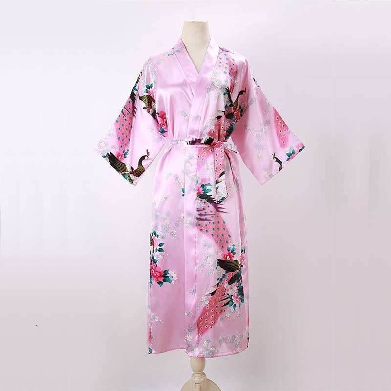 Women Sexy Long Nightgown Summer Kimono Robe Thin Peacock Print Bathrobe Imitation Silk Kimono Nightgown 241204