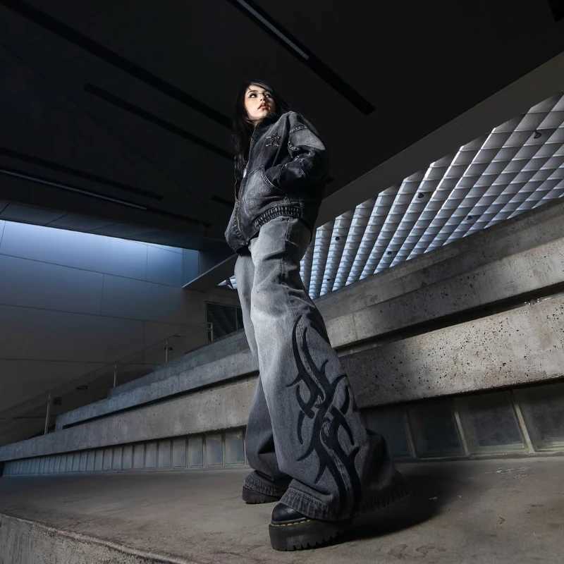 2K American Harajuku Washed Old Loose Casual Jeans Versatile Fashion Goth Wide Leg Jeans 2025 New Hip Hop Personalized Pants Z250605