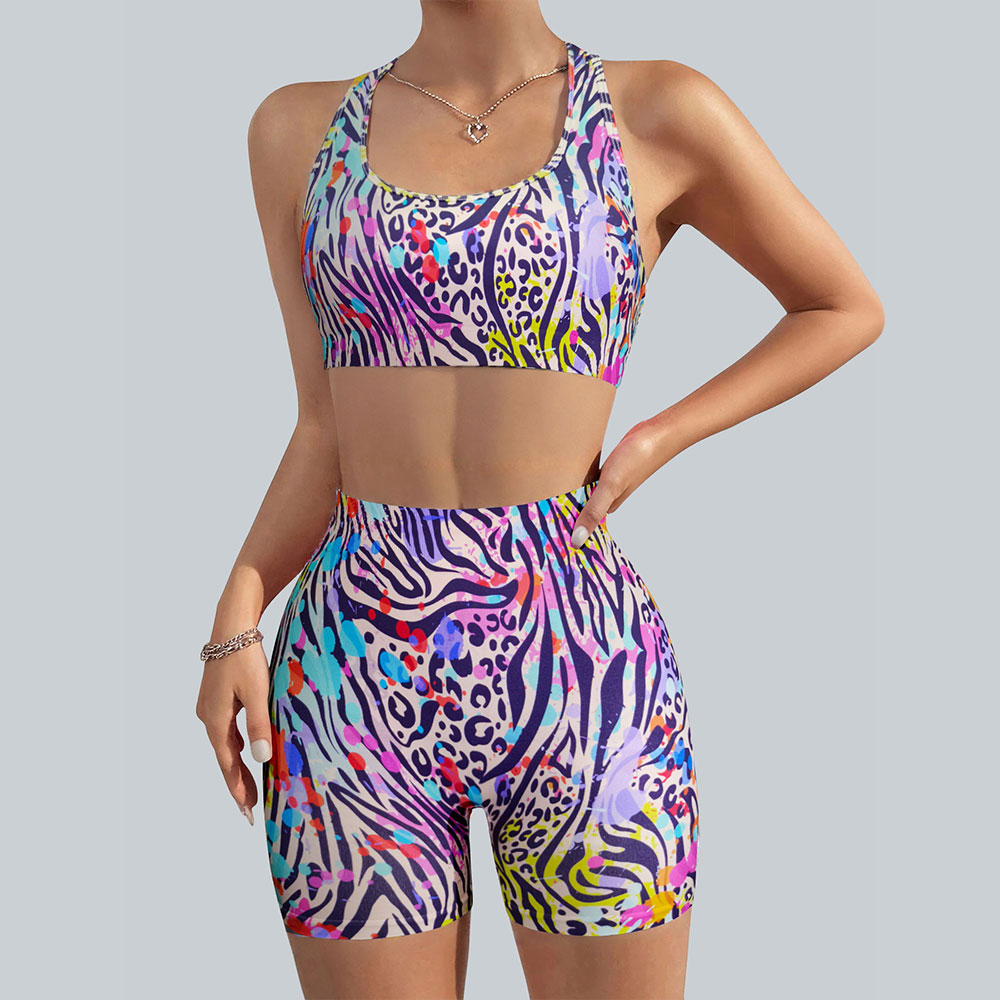 ports and fitness full body striped polka dot printed seamless bra and high waisted tight shorts women's set