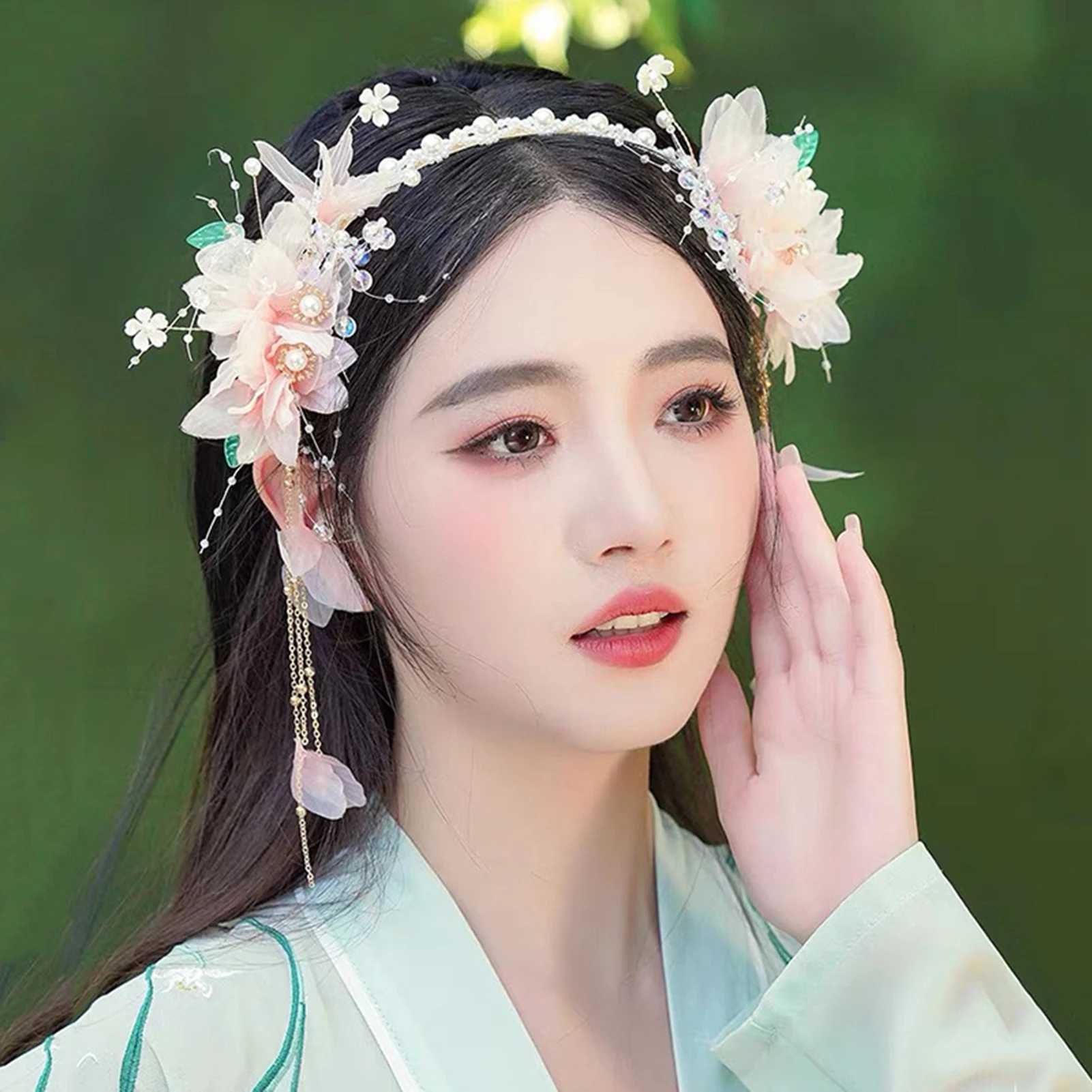 Tassel Fake Earrings Hairband Chinese Hanfu Hair Accessories Pink Floral Tiaras Headband Travel Photography Fairy Hair Jewelry Z250605