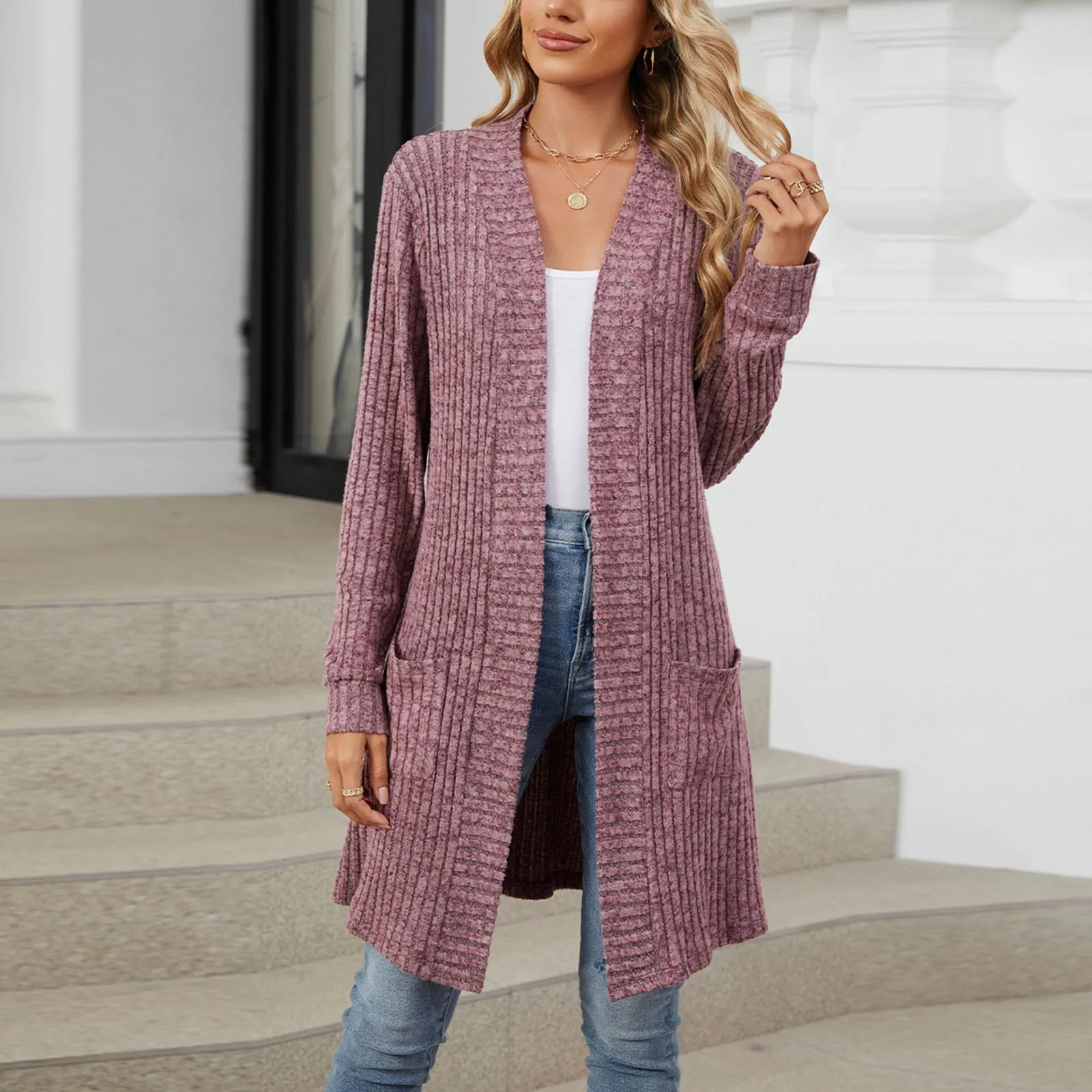 Women Thin Cardigan Autumn And Winter Long Sleeved Loose Pocket Jacket For Sweater Plus Size Outerwears 250530