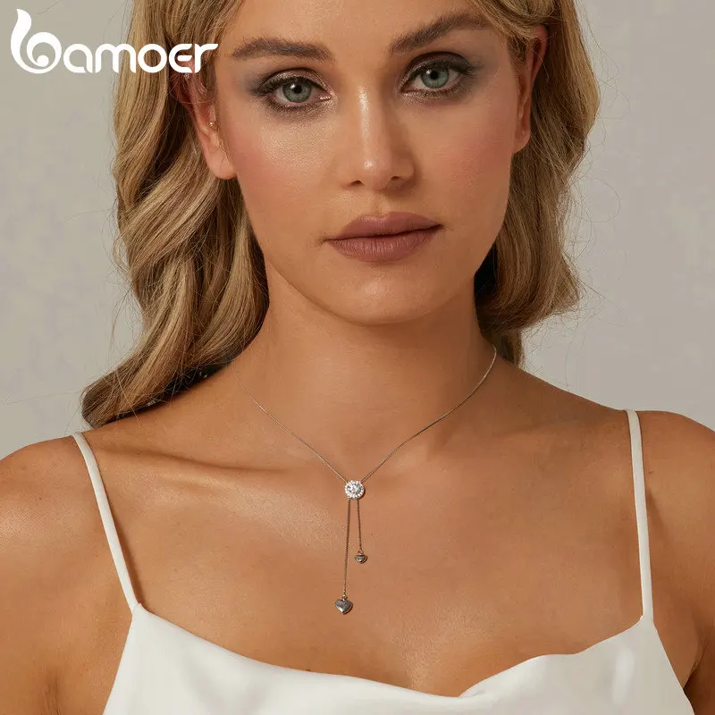 BAMOER Diamond 925 Sterling Silver Lariat Moissanite Necklace, Chic Minimalist Dangle Tassel Y Chain Long Necklace for Women Girls Gift MSN029