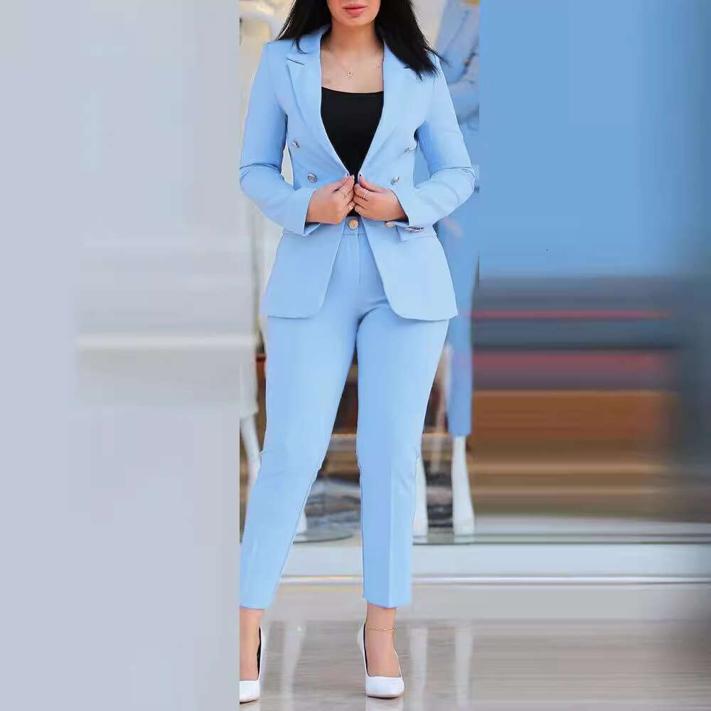 Women's Solid Color Slim Fit Casual Fashion Waist-Cinching Double-Breasted Two-Piece Suit Set B5