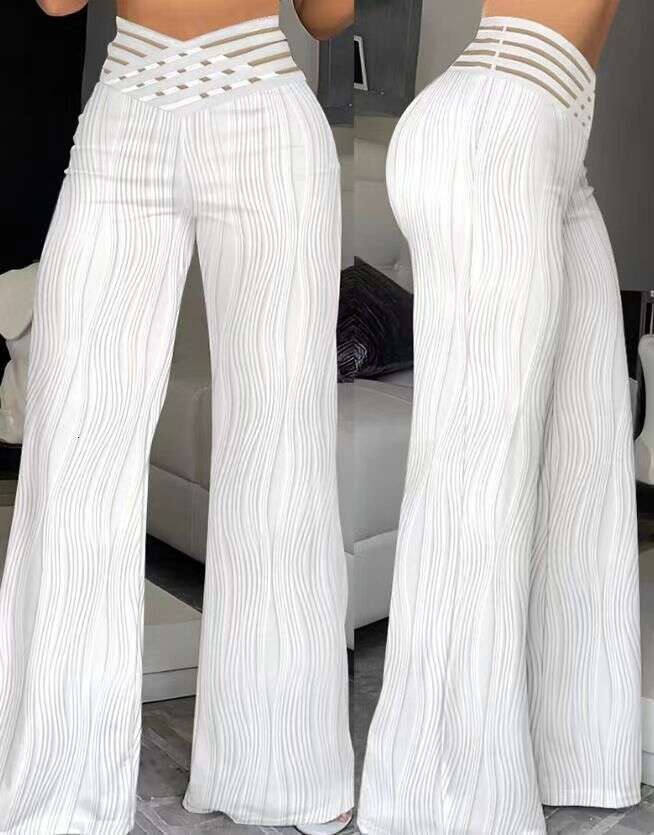 Summer High Waist Casual With Draping Pleats, Hollow Out Water Ripple Wide Leg Pants, Women's Long Pants B5