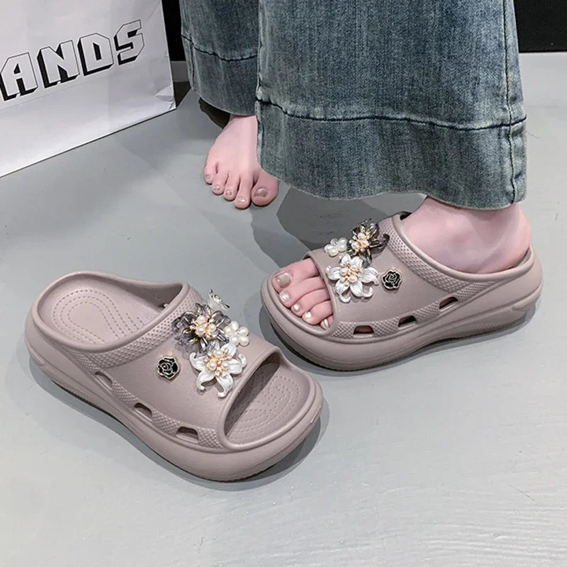 Pearl Flower Thick Sole Eva Slippers Women Summer 2025 Diy Wedge Heels Sandals Woman Chunky Platform Non Slip Beach Slides Shoes 250603