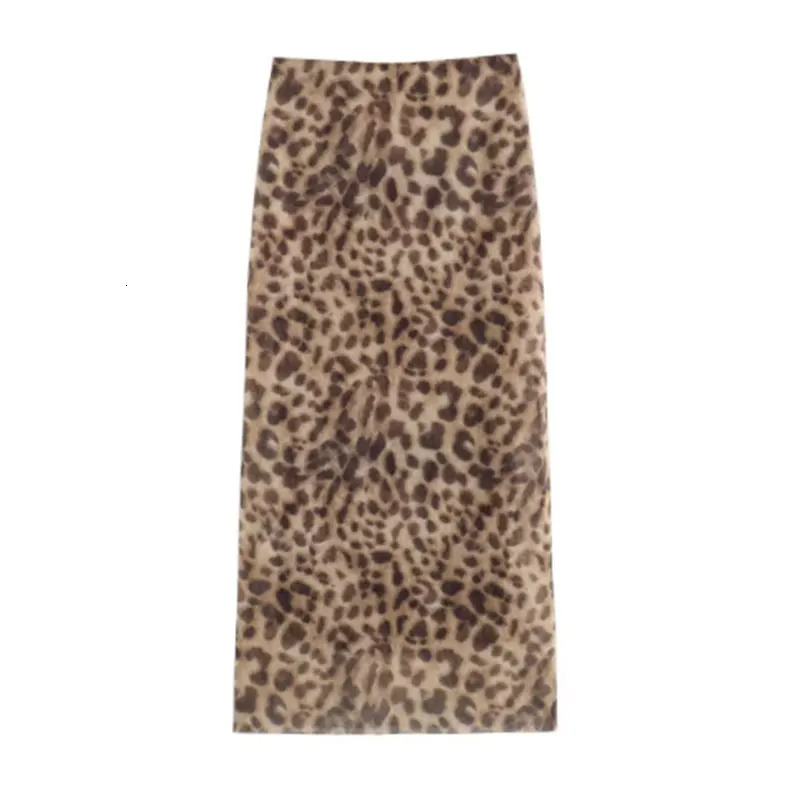 Women Leopard Tulle Midi Skirt Summer Fashion High Waist Elasticated Waistband Long Skirts Streetwear 250605
