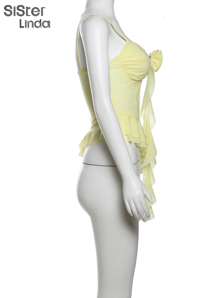 High Quality Womens Sexy Suspender Top In Spring And Summer Low Cut Backless Yellow Flower Decorated Womens Top 250605