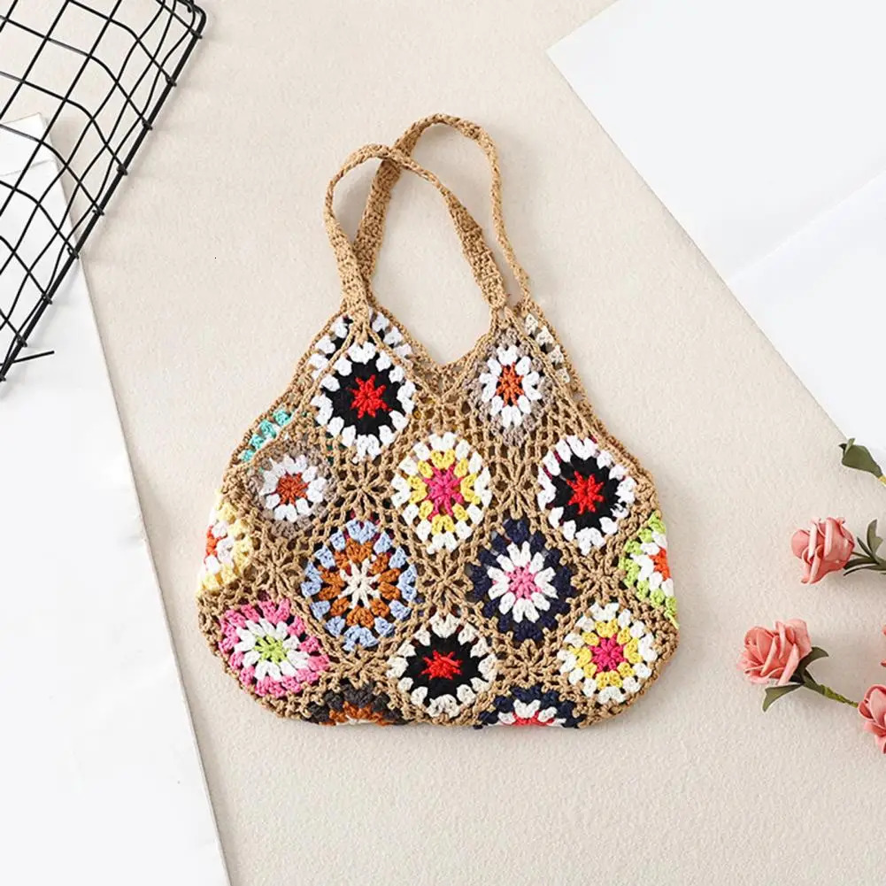 Bohemian Crochet Ladies Shoulder Bags Knitted Multicolor Hollow Tote Bag Retro Casual Knit Summer Beach Bag 250605