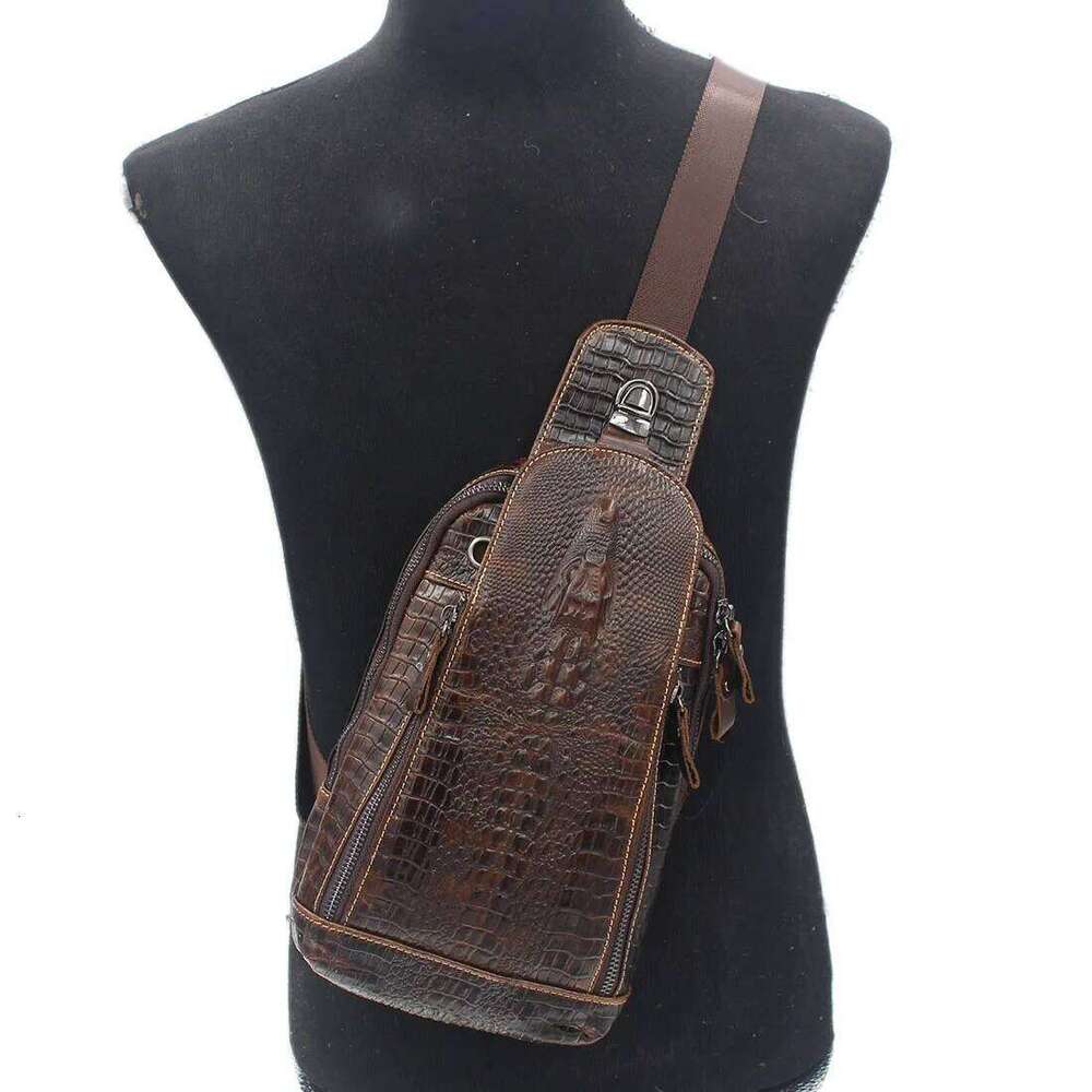 Men Cross Body Shoulder Chest Sling Backpack Genuine Leather Crocodile Pattern Real Cowhide Travel Male Side Messenger Bag