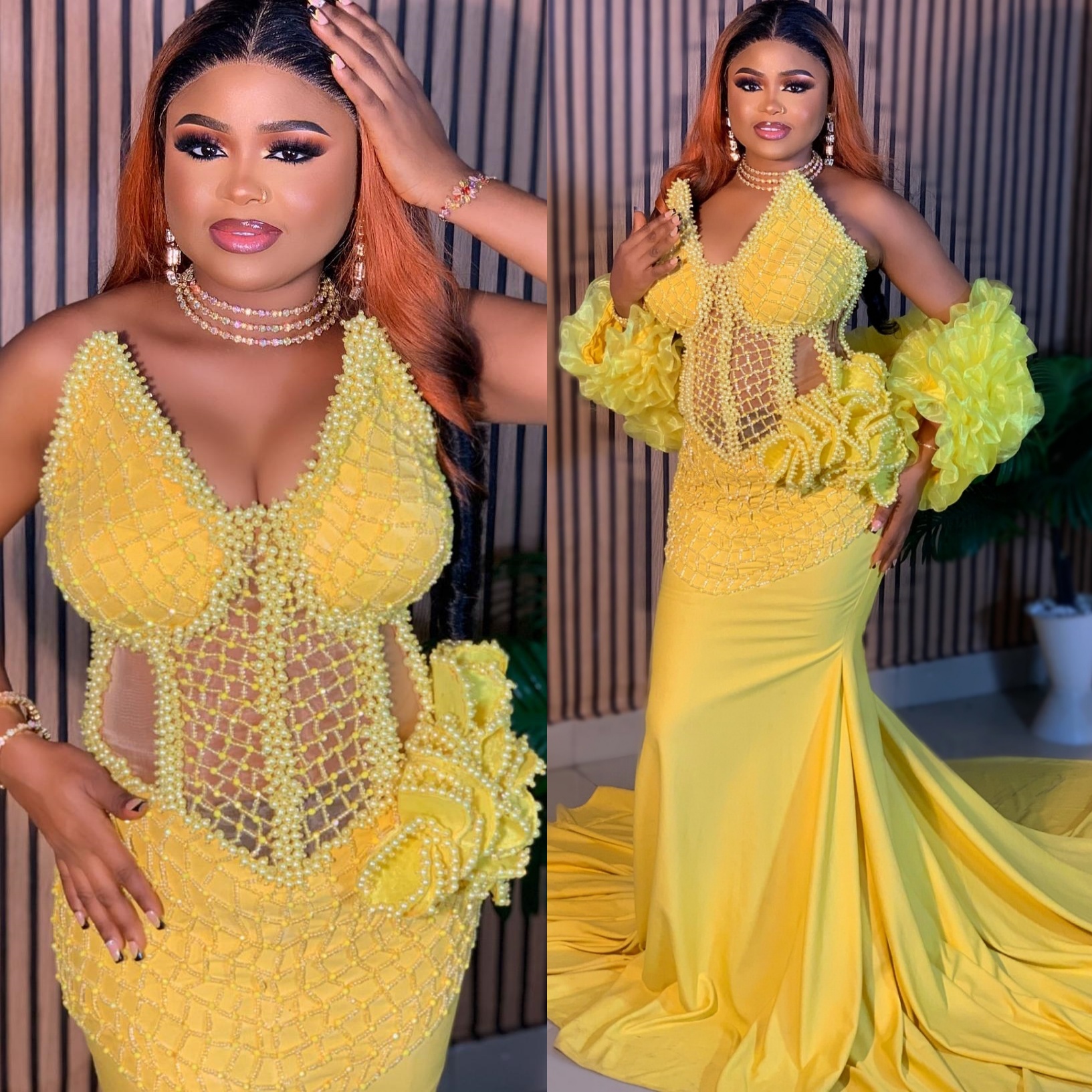 Yellow Mermaid Prom Dresses 2025 Pearls Satin Beaded Wrap Evening Formal Party Second Birthday Engagement Gowns Plus Size Dress For Special Occasions