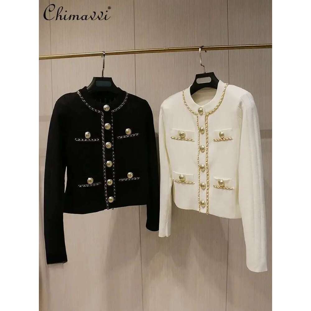 Short Slim-fit Sweater Chain Gold Buckle Jacket Autumn and Winter New Fashion Loose Elegant Women's Knitted Cardigan