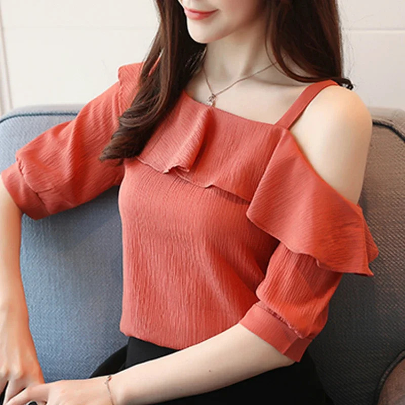 Blusas Mujer De Moda Summer Women Blouses Short Sleeve Chiffon Blouse Off Shoulder Blouse Tops Womens Tops And Blouses B381 250605