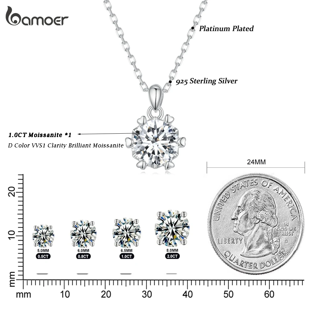 BAMOER 1 CT Moissanite Pendant Necklace For Women High Quality real 925 Sterling Silver Wedding Party Bridal Fine Jewelry 3 Colors