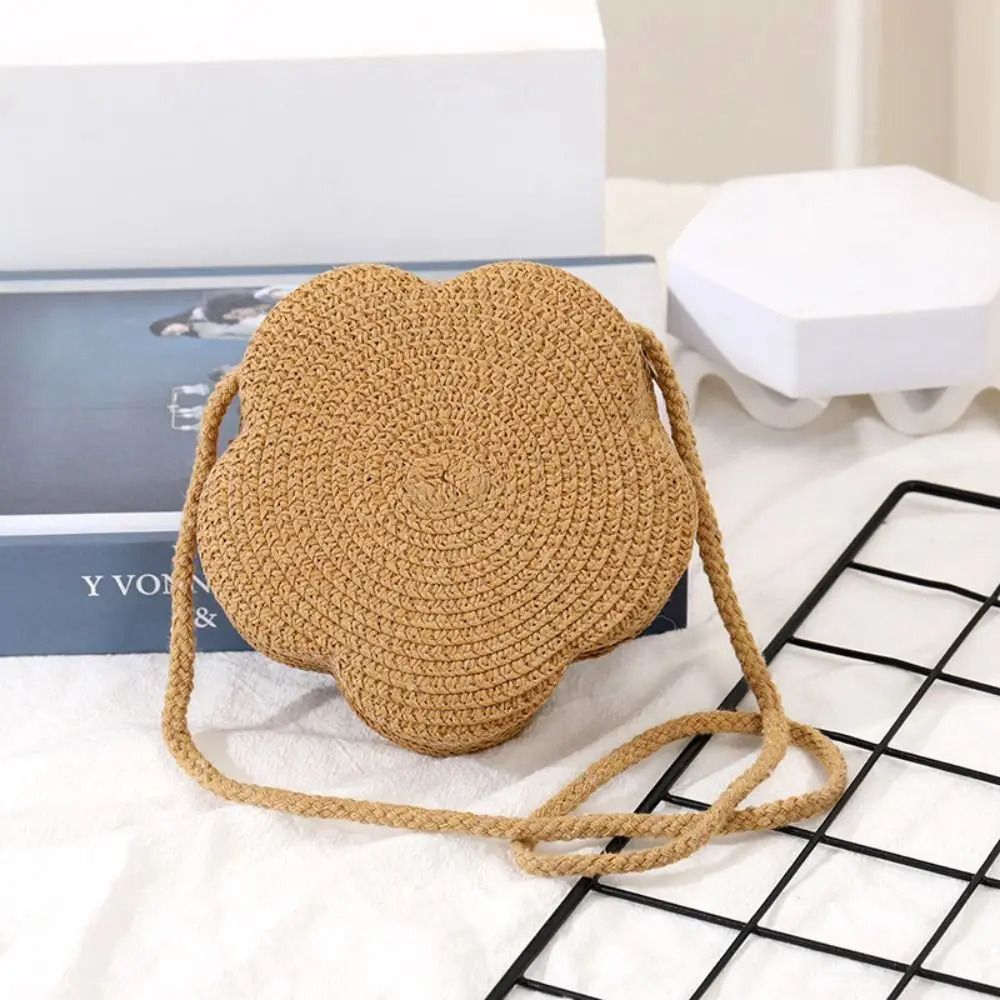 Durable Straw Shoulder Bags Flower Handmade Mini Coin Purse with Bow Messenger Bag for Kids Girls 250605