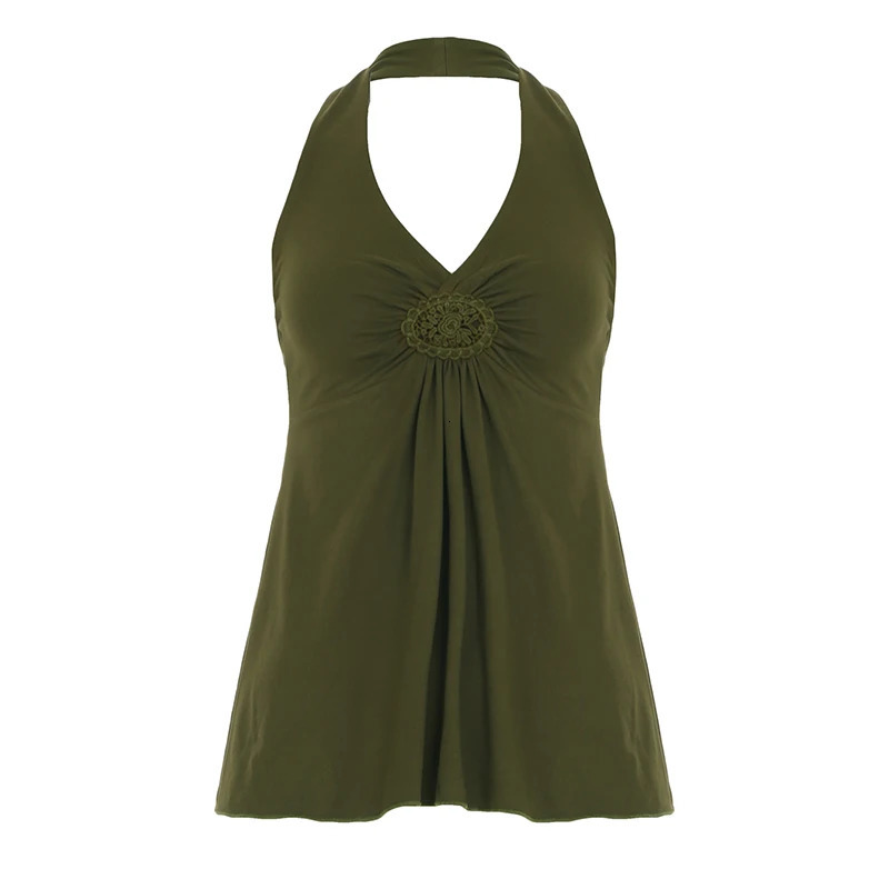 Fashion Solid Simple Embroidered Ruched Women Halter Tops Backless Sexy tie Summer Tanks 250605