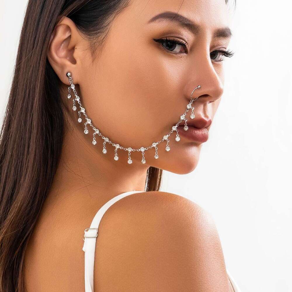 Ethnic Style Jewelry Earrings for Women Chain Stud Stage No Piercing Rhinestone Tassel Nose Ring