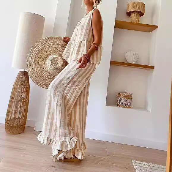Temu Tie 2-Piece Set Striped Front Open Vest Top Wide-Leg Casual Pants Summer B5