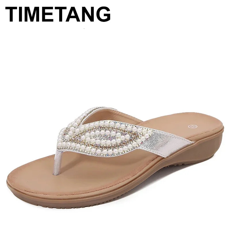 Breathable Ladies Sandals Slippers Bohemia Rhinestone Pearl Butterfly Decorative Womens Shoes Summer Beach Dress Flip Flops 250603