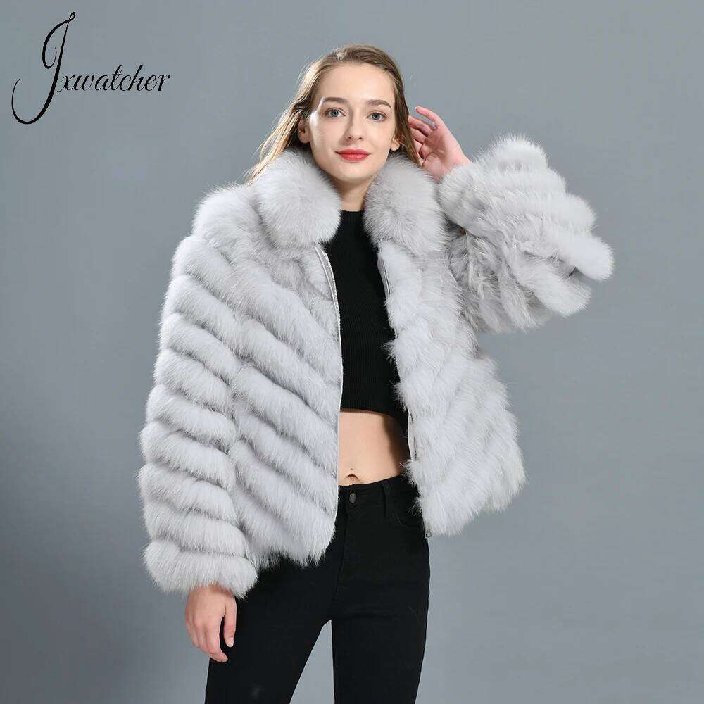 Jxwatcher Women's Fox Coat High-Grade 100% Real Silk Liner Reversible Wear Jacket Double Side Coats Natural Fur Jackets