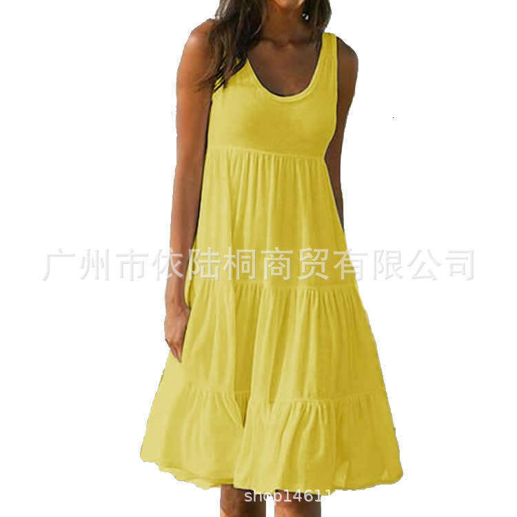 New Women's Fashion 7 Colors 8 Sizes Sleeveless Round Neck Patchwork Flared Beach Dress B5