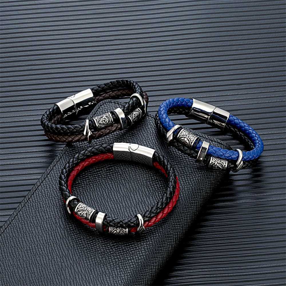 Vintage Viking Compass Multi layer Leather Bracelet Mens Stainless Steel Norwegian Rune Valkenut Bracelet Scandinavian JewelryC250606