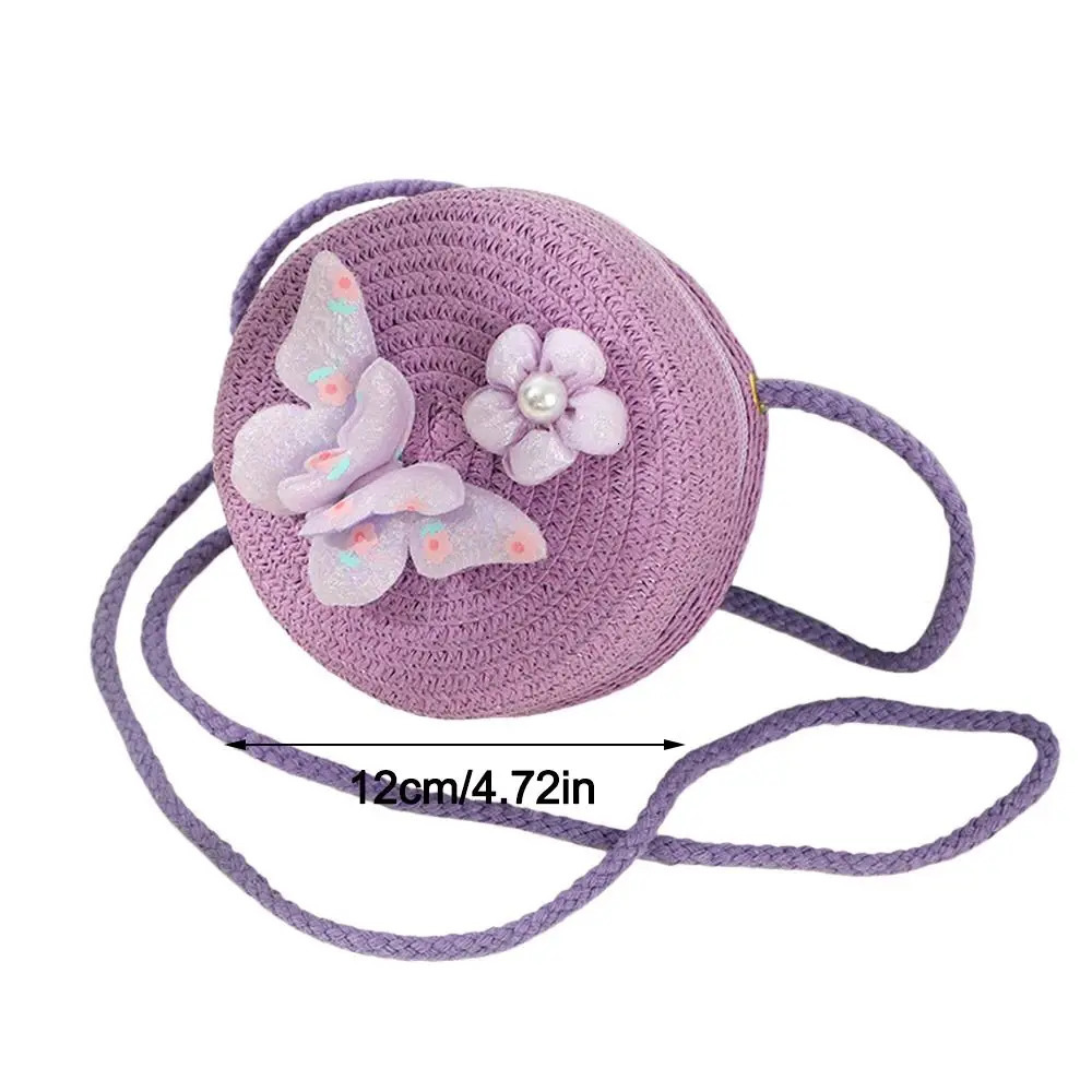 Round Shape Straw Bag Princess Mini Handbag Children Shoulder Butterfly Flower Summer Beach Messenger Kids Coin Purse 250605
