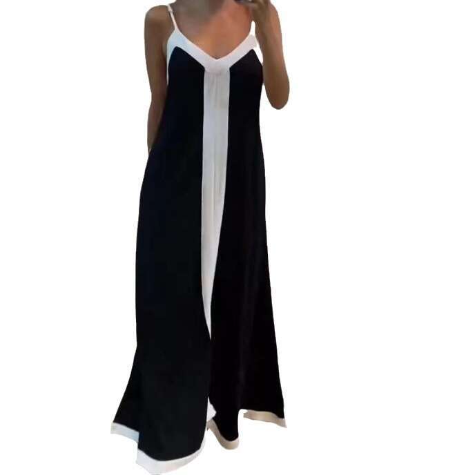 Women's Fashion Elegant Color-Block V-Neck Long Slip Dress B5