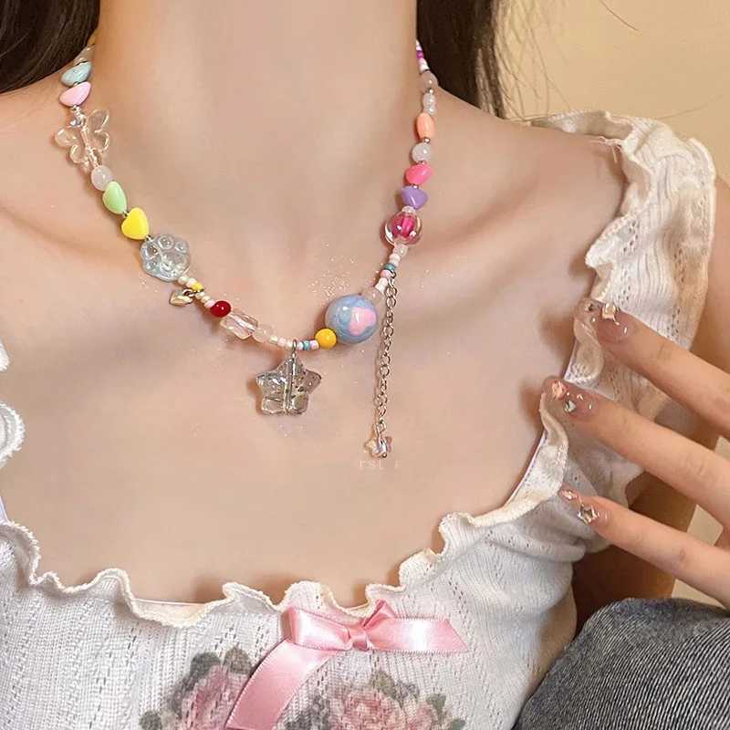Bohemia Candy Color Cute Necklace for Women Star Pendant Beaded Clavicle Chain Necklaces Multicolor Y2K Vacation Accessories Y250605