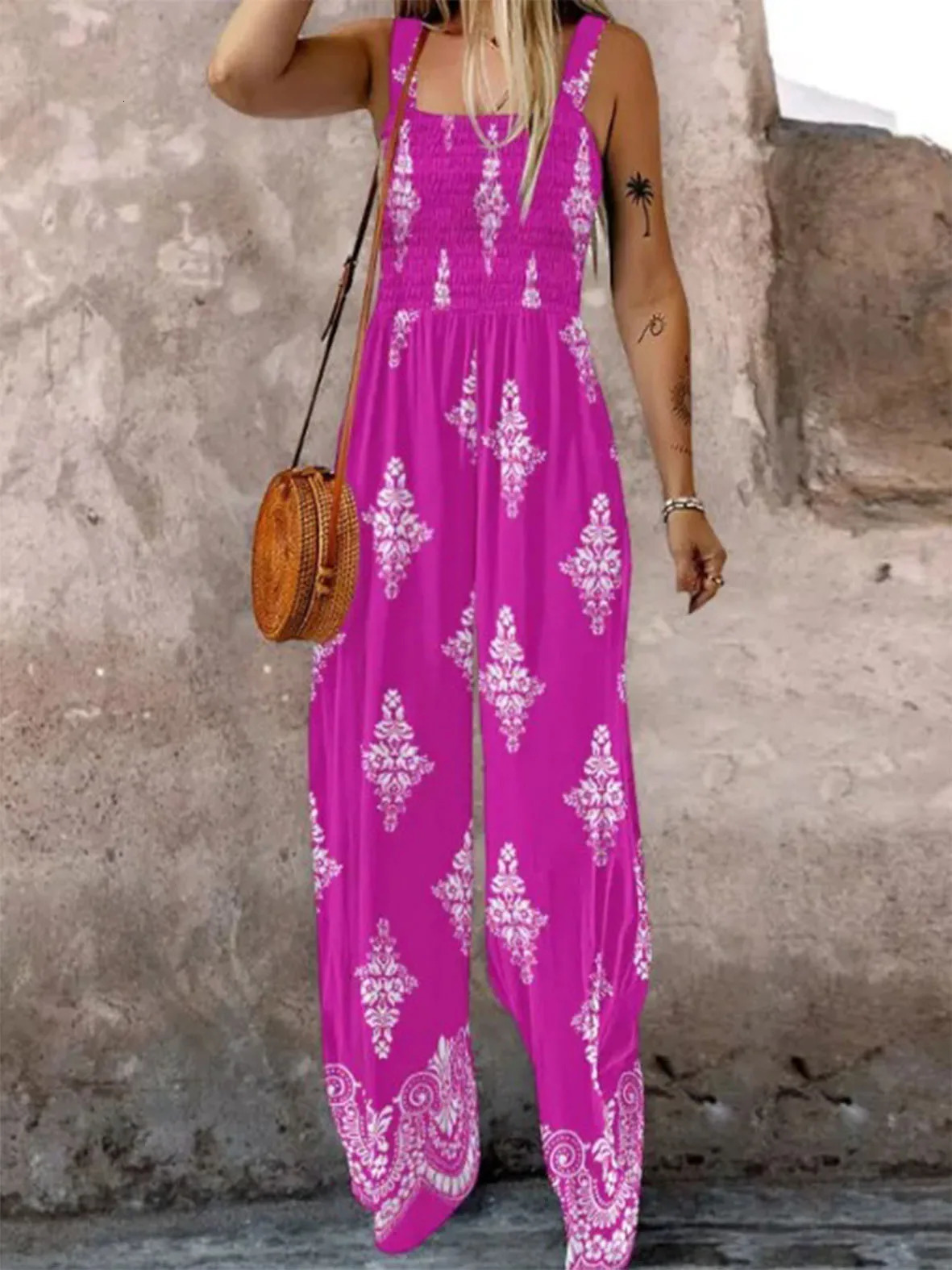 Woven Positioning Printed Fashionable Spring and Summer Strap Pocket Wide Leg jumpsuit for Women 250530