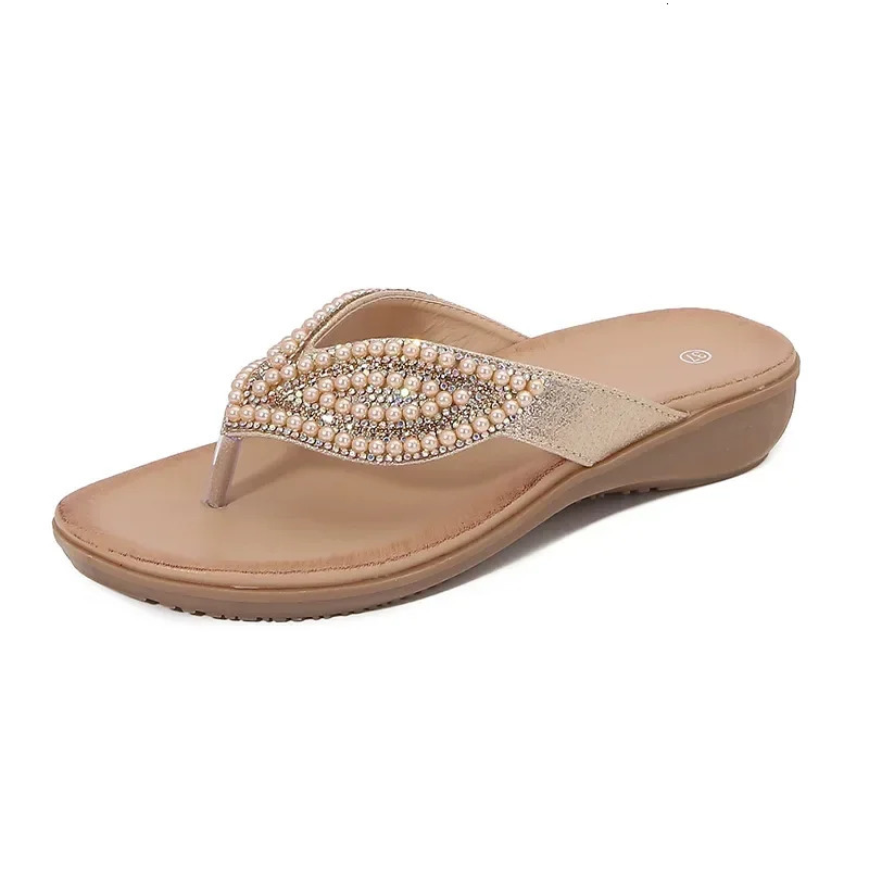 Breathable Ladies Sandals Slippers Bohemia Rhinestone Pearl Butterfly Decorative Womens Shoes Summer Beach Dress Flip Flops 250603