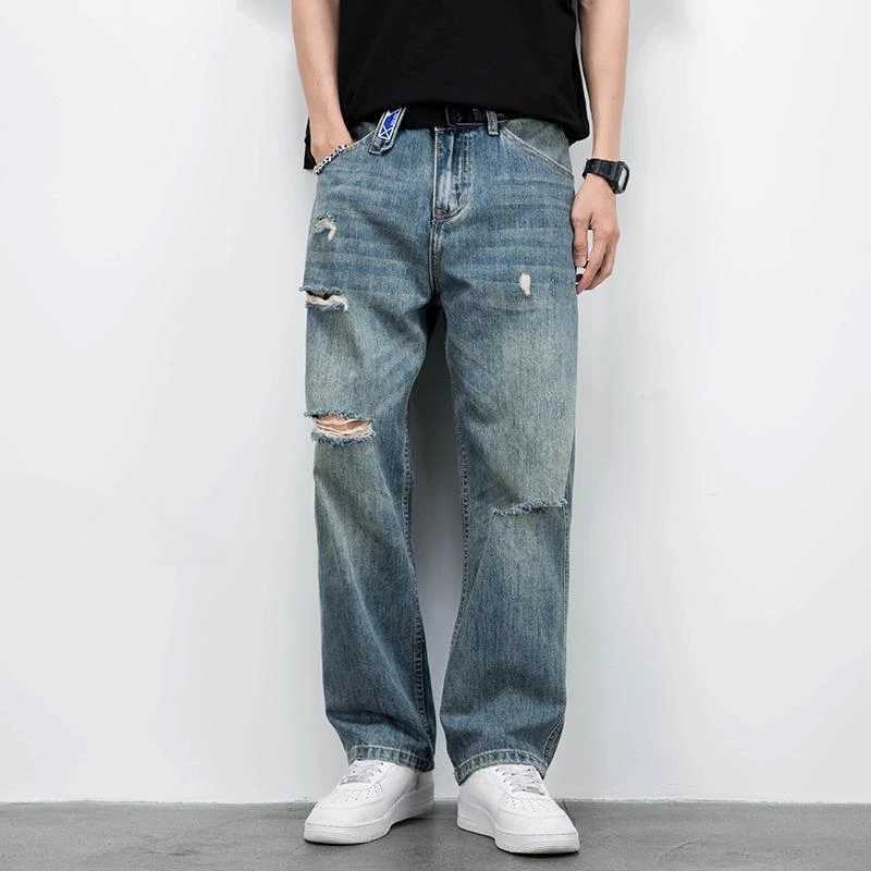 Mens Jeans Broken Straight Trousers Ripped with Holes Loose Torn Wide Leg Male Cowboy Pants Baggy 2024 Korean Autumn New in Xs Z250605