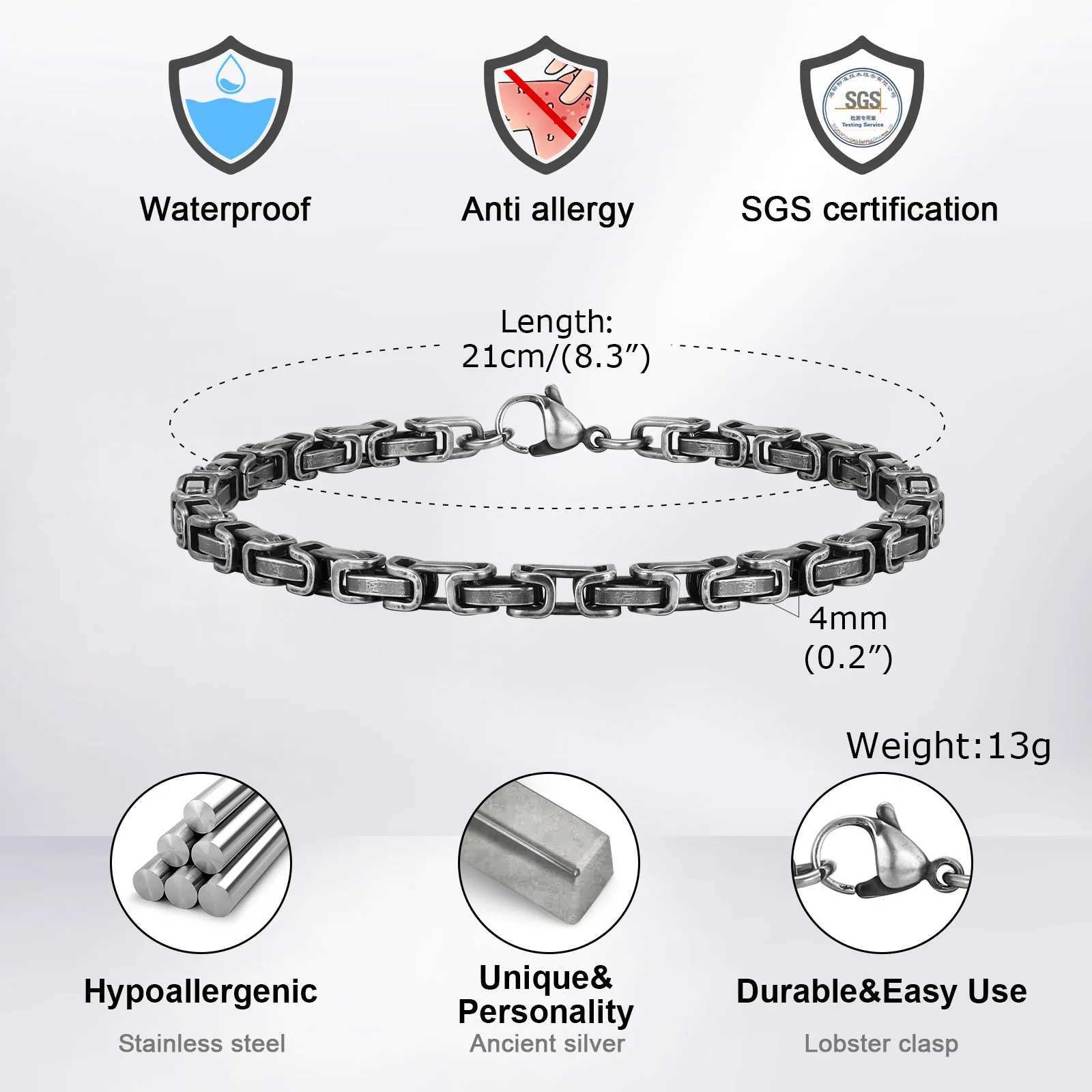 Vnox Mens Byzantine Bracelets Antique Stainless Steel Link Chain Wristband Vintage Retro Simple Male Jewelry Christmas Gift W250606