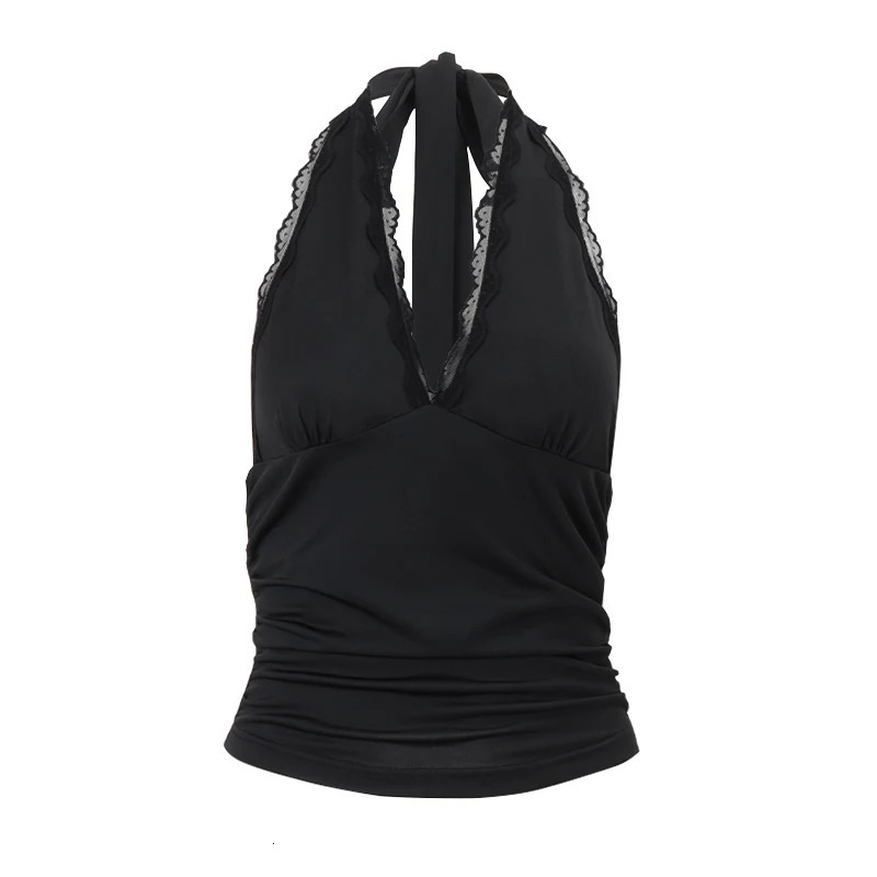 WhereMery V-Neck Sexy Lace Edge Halter Slim Backless Casual Solid Crop Tops Y2K Summer Fashion Streetwear Daily Sweet Cute Vest 250605